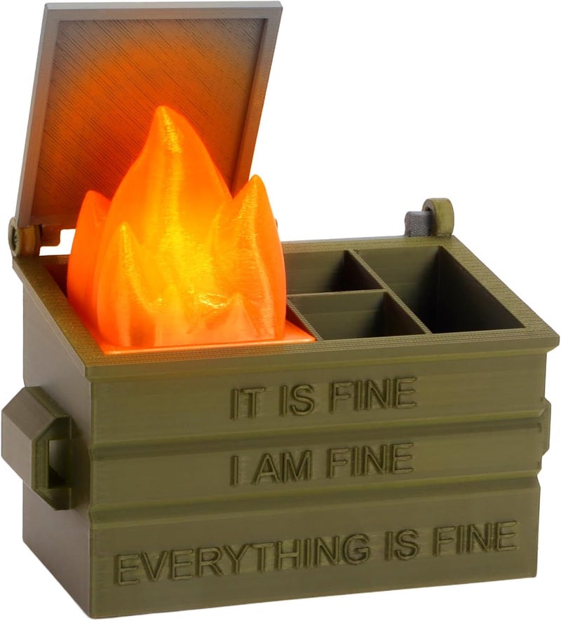 Dalycro Dumpster Fire Pencil Holder Fun Desk Accessories with Removable Flame Light Touch Dimming Mode & USB Charging Port Perfect Pen Holder for Desk, Funny Gift for Coworkers - Image 1